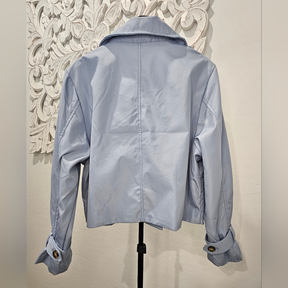 Sky Blue Women's Cropped Trench Coat/Jacket Water Resistant Sz Large NWT - Picture 3 of 7